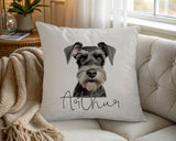 Personalised Miniature Schnauzer name cushion on a chair by the window