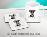 Personalised Miniature Schnauzer cushion with matching mug and coaster