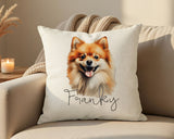 Personalised Pomeranian name cushion on a sofa