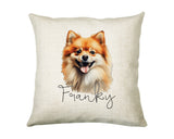 Personalised Pomeranian name cushion with watercolour Pomeranian portrait and name in script