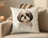 Personalised Shih Tzu name cushion on a sofa