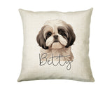 Personalised Shih Tzu name cushion with watercolour Shih Tzu portrait and name in script