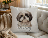 Personalised Shih Tzu name cushion on a chair by the window