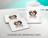 Personalised Shih Tzu cushion with matching mug and coaster