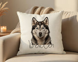 Personalised Siberian Husky name cushion on a sofa