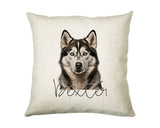 Personalised Siberian Husky name cushion with watercolour Siberian Husky portrait and name in script