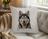 Personalised Siberian Husky name cushion on a chair by the window
