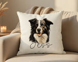 Personalised Border Collie name cushion on a sofa