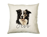 Personalised Border Collie name cushion with watercolour Border Collie portrait and name in script