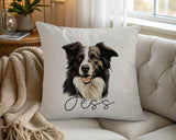 Personalised Border Collie name cushion on a chair by the window