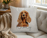 Personalised Cocker Spaniel name cushion on a chair by the window