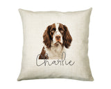 Personalised English Springer Spaniel name cushion with watercolour English Springer Spaniel portrait and name in script