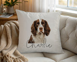 Personalised English Springer Spaniel name cushion on a chair by the window