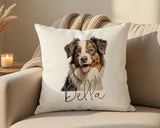 Personalised Miniature American Shepherd name cushion on a sofa