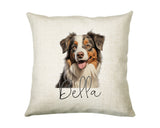 Personalised Miniature American Shepherd name cushion with watercolour Miniature American Shepherd portrait and name in script