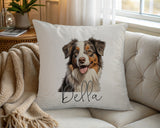Personalised Miniature American Shepherd name cushion on a chair by the window