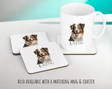 Personalised Miniature American Shepherd cushion with matching mug and coaster