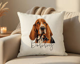 Personalised Basset Hound name cushion on a sofa