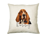 Personalised Basset Hound name cushion with watercolour Basset Hound portrait and name in script