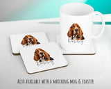 Personalised Basset Hound cushion with matching mug and coaster