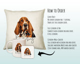 How to order the Basset Hound cushion - Cover Only, Full Cushion and Pad, or Cushion+Mug+Coaster