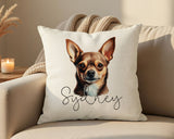 Personalised Chihuahua name cushion on a sofa