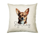 Personalised Chihuahua name cushion with watercolour Chihuahua portrait and name in script