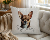 Personalised Chihuahua name cushion on a chair by the window