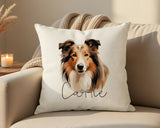 Personalised Rough Collie name cushion on a sofa