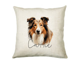 Personalised Rough Collie name cushion with watercolour Rough Collie portrait and name in script