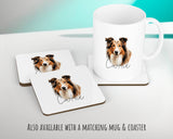 Personalised Rough Collie cushion with matching mug and coaster