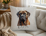 Personalised Mastiff name cushion on a chair by the window