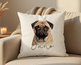 Personalised Pug name cushion on a sofa