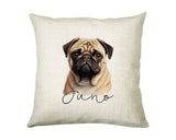 Personalised Pug name cushion with watercolour Pug portrait and name in script