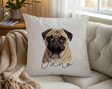 Personalised Pug name cushion on a chair by the window