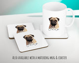 Personalised Pug cushion with matching mug and coaster