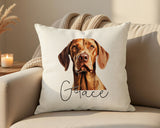 Personalised Hungarian Vizsla name cushion on a sofa