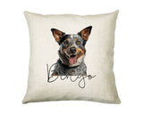 Personalised Australian Cattle Dog name cushion with watercolour Australian Cattle Dog portrait and name in script