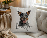 Personalised Australian Cattle Dog name cushion on a chair by the window