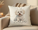 Personalised Bichon Frise name cushion on a sofa