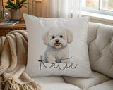 Personalised Bichon Frise name cushion on a chair by the window