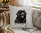 Personalised Newfoundland Dog name cushion on a chair by the window