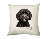 Personalised Black Cockapoo name cushion with watercolour Black Cockapoo portrait and name in script