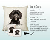 How to order the Black Cockapoo cushion - Cover Only, Full Cushion and Pad, or Cushion+Mug+Coaster
