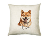 Personalised Shiba Inu name cushion with watercolour Shiba Inu portrait and name in script