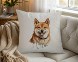 Personalised Shiba Inu name cushion on a chair by the window