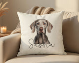 Personalised Weimaraner name cushion on a sofa