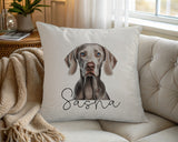 Personalised Weimaraner name cushion on a chair by the window