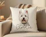 Personalised West Highland White Terrier name cushion on a sofa