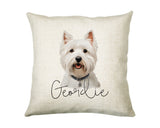 Personalised West Highland White Terrier name cushion with watercolour West Highland White Terrier portrait and name in script